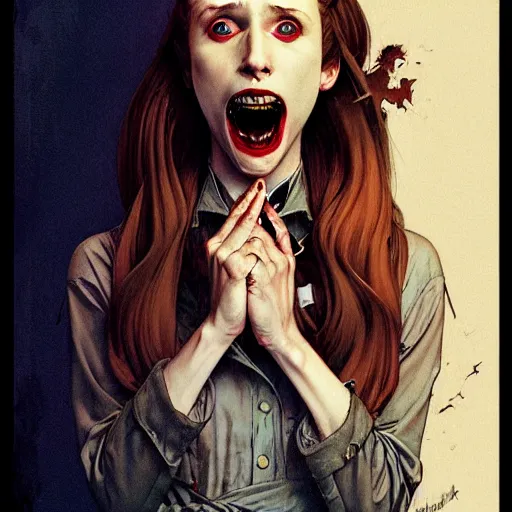 Image similar to in the style of Joshua Middleton and artgerm, Norman Rockwell, evil vampire Taissa Farmiga open mouth with large sharp fangs, waist up, middle shot, moody lighting