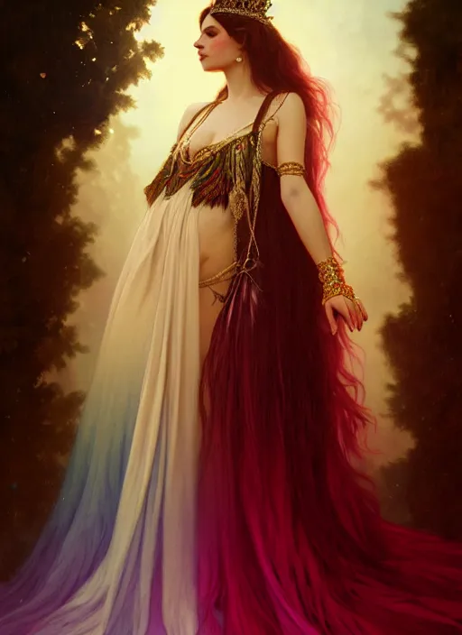 Image similar to ombre velvet gown, feathers, lovely queen, portrait, long hair, tiara, jeweled choker, feral languid woman, by greg rutkowski, anato finnstark, alphonse mucha, global illumination, radiant light