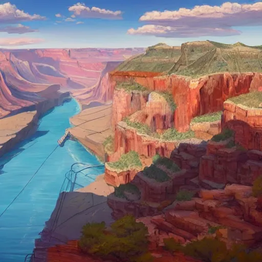 Image similar to concept art painting of a grand canyon with huge ocean inside, giant river, with unfinished bridge under construction, realistic, detailed, cel shaded, in the style of makoto shinkai and greg rutkowski and james gurney