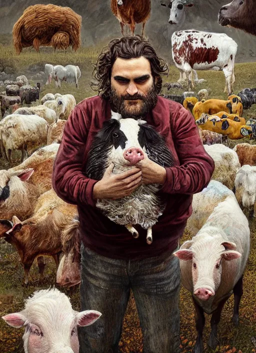 Image similar to a hyper detailed painting of joaquin phoenix surrounded by farm animals, cow, pig, sheep, chicken, horror, by anna podedworna, by miklos ligeti, by diego maricato, by taran fiddler, by antonino truisi, by chris reddie, by jinsung lim, trending on artstation