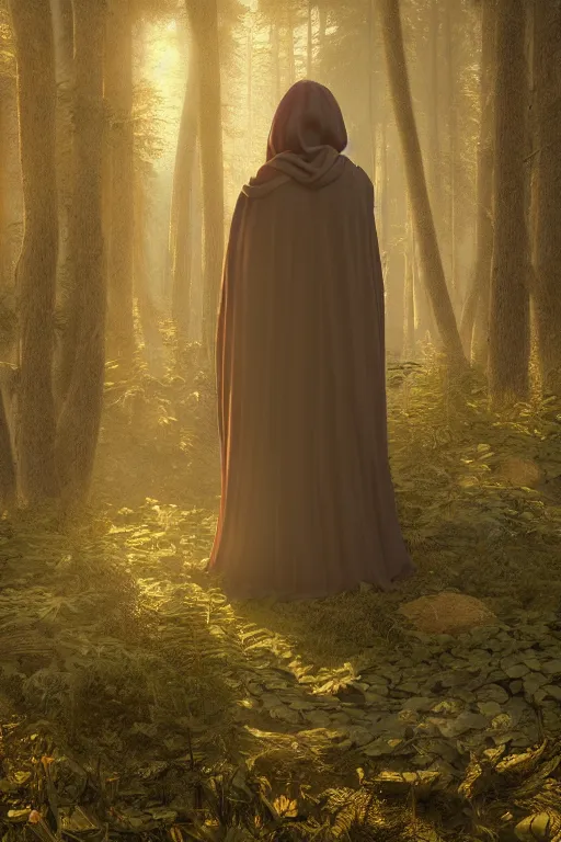 Image similar to portrait of a woman in a hooded cloak in a forest clearing at twilight| richly embroidered velvet| lush foliage | dramatic atmospheric lighting | Evelyn De Morgan and Maxfield Parrish |featured on Artstation |unreal engine