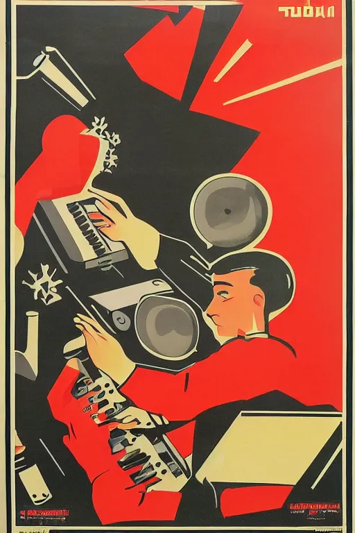 Image similar to soviet propaganda poster of a modular sound synthesizer