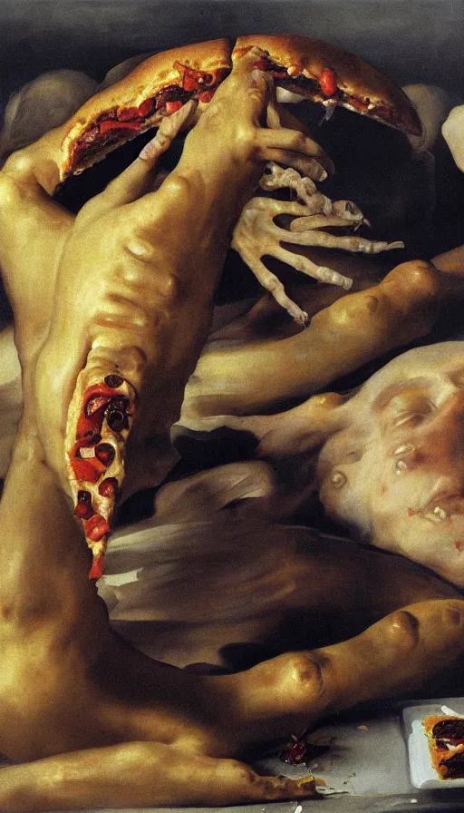 Image similar to oil portrait of evil pizza hut stuffed crust with human limbs as toppings, hyperrealistic, surrealcore, lovecraftian, 4 k by francisco goya