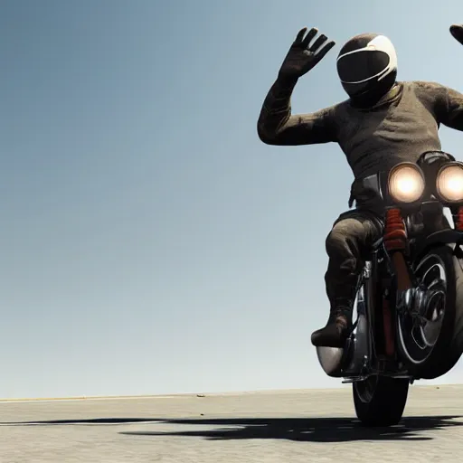 Prompt: motorcyclist with raised hand, unreal engine, by weta fx, ink, gesture of victory, gesture of struggle