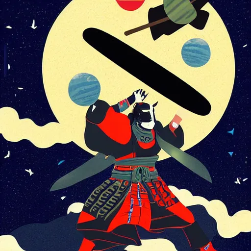 Image similar to Hovering samurai holding a bowling ball in space, bowling pins hovering around him, digital art