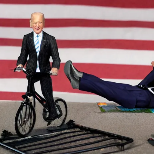 Image similar to joe biden falls down with a bicycle diorama