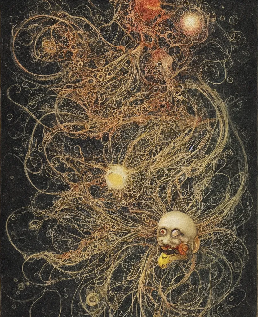 Image similar to whimsical freaky creature sings a unique canto about'as above so below'being ignited by the spirit of haeckel and robert fludd, breakthrough is iminent, glory be to the magic within, painted by ronny khalil