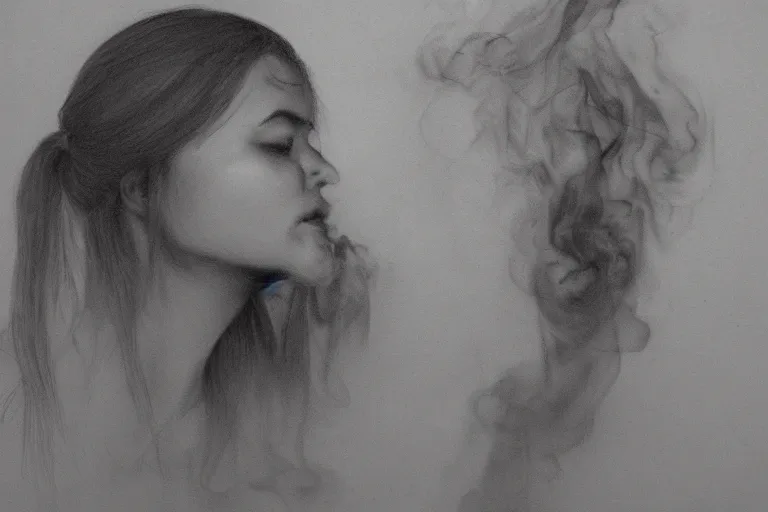 Image similar to a women fading into smoke, drawing, portrait, detailed, wide shot,. - h 4 0 0