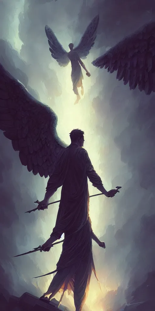 Prompt: angel protecting man, detailed intricate illustration, dark atmosphere, detailed illustration, hd, 4 k, digital art, overdetailed art, by greg rutkowski, by loish, complementing colors, trending on artstation, deviantart