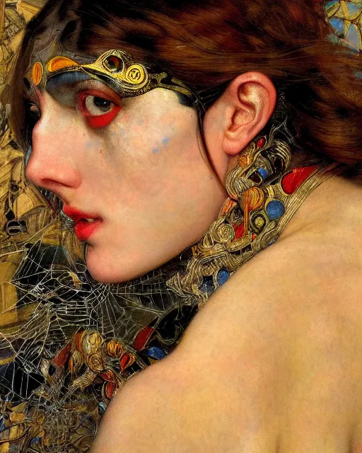 Prompt: close up of a beautiful spiderwoman with colourful intricate, by edgar maxence and caravaggio and michael whelan and delacroix style, artistic, intricate drawing, light brazen, realistic fantasy, extremely detailed and beautiful aesthetic face, 8 k resolution, dramatic lighting