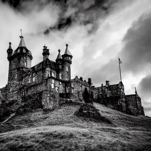 Image similar to haunted castle in the scottish highlands, highly detailed photography, sharp, crisp, ominous, spooky, macabre