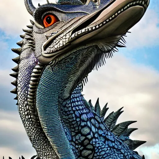 Prompt: a 128 foot tall elegant female silver western dragon with purple accents, having a 360 foot long wingspan; The scales smooth and streamlined, while having a sleek and sharp crest; two epic eyes bright blue right above the jawline; the snout sharp and pointed, yet sleek and elegant; she looks toward the camera; close-up bust, high quality 16k digital art, deviantart, furaffinity