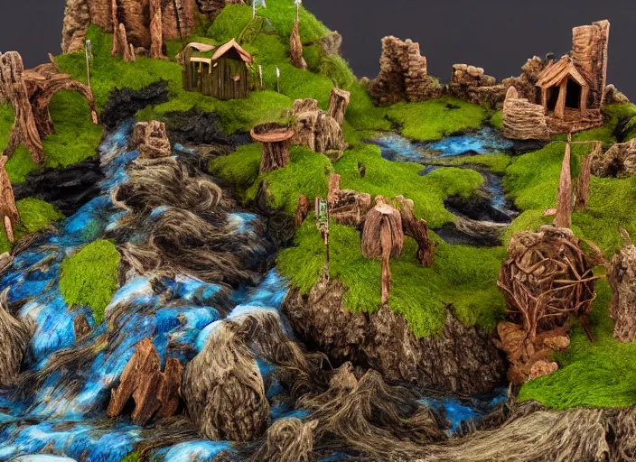 Image similar to high - res gopro photograph of a eood sculpture diorama with fantasy castles, highly detailed sculpey diorama, forest setting in iceland, waterfall backdrop, realistic materials, wood, felt, cloth, burlap, copper wire, hot glue, smooth, sharp foccus, commercial product photography,