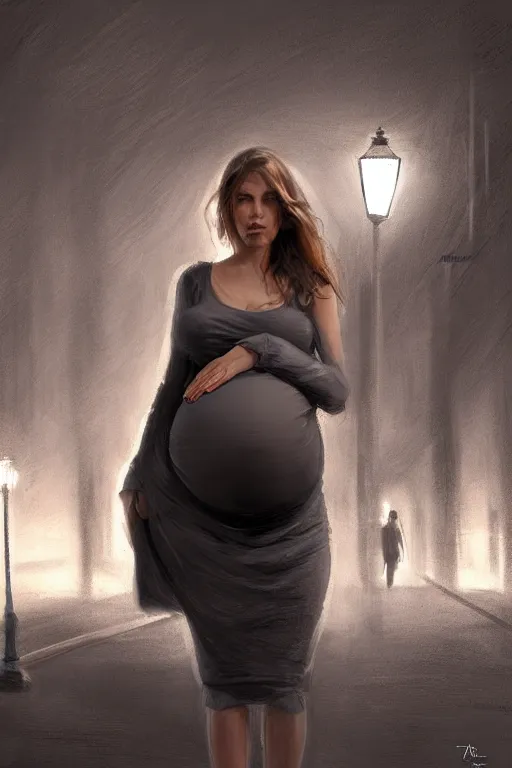 Image similar to pregnant woman under street light, highly detailed, sharp focused, ultra realistic digital concept art by Theodore Ralli