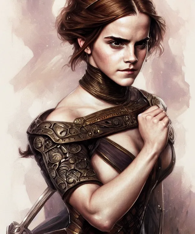 Image similar to Emma watson Muscular and powerful medieval noble woman portrait, sci-fi, amber eyes, face, long hair, fantasy, intricate, elegant, highly detailed, digital painting, artstation, concept art, smooth, sharp focus,8k, illustration, art by artgerm and greg rutkowski and alphonse mucha