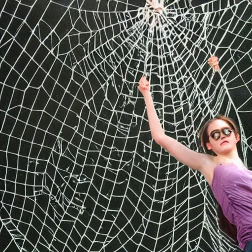 Prompt: emma watson hanging from a giant spider web, dreamworks