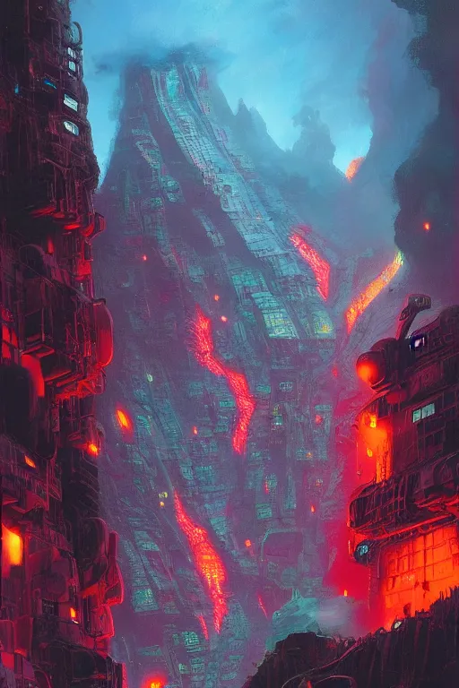 Image similar to a cyberpunk city in the crater of a volcano, lava flowing, smoke, fire, neon, industrial, by paul lehr, jesper ejsing