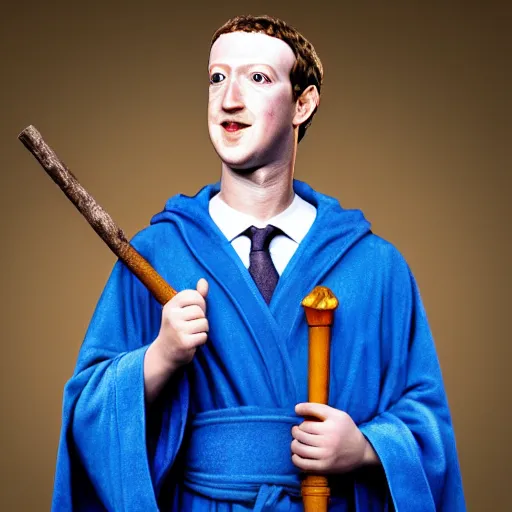 Image similar to Mark Zuckerberg as a wizard wearing blue robes, a blue pointed wizard hat and holding a magic staff, highly detailed, high quality, HD, 4k, 8k, Canon 300mm, professional photographer, 40mp, lifelike, top-rated, award winning, realistic, sharp, no blur, edited, corrected, trending