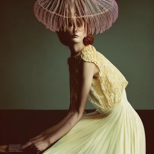 Image similar to Fashion photography of a woman wearing a dress inspired by a jellyfish, artistic photography, insanely detailed, chiaroscuro, cinestill 800t, Vogue magazine