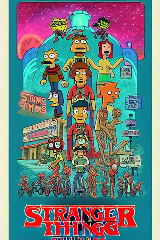 Image similar to Futurama Cast in Stranger Things poster by Matt Groening, high resolution, hyper detailed, intricate, illustrated, all cast members !n-9