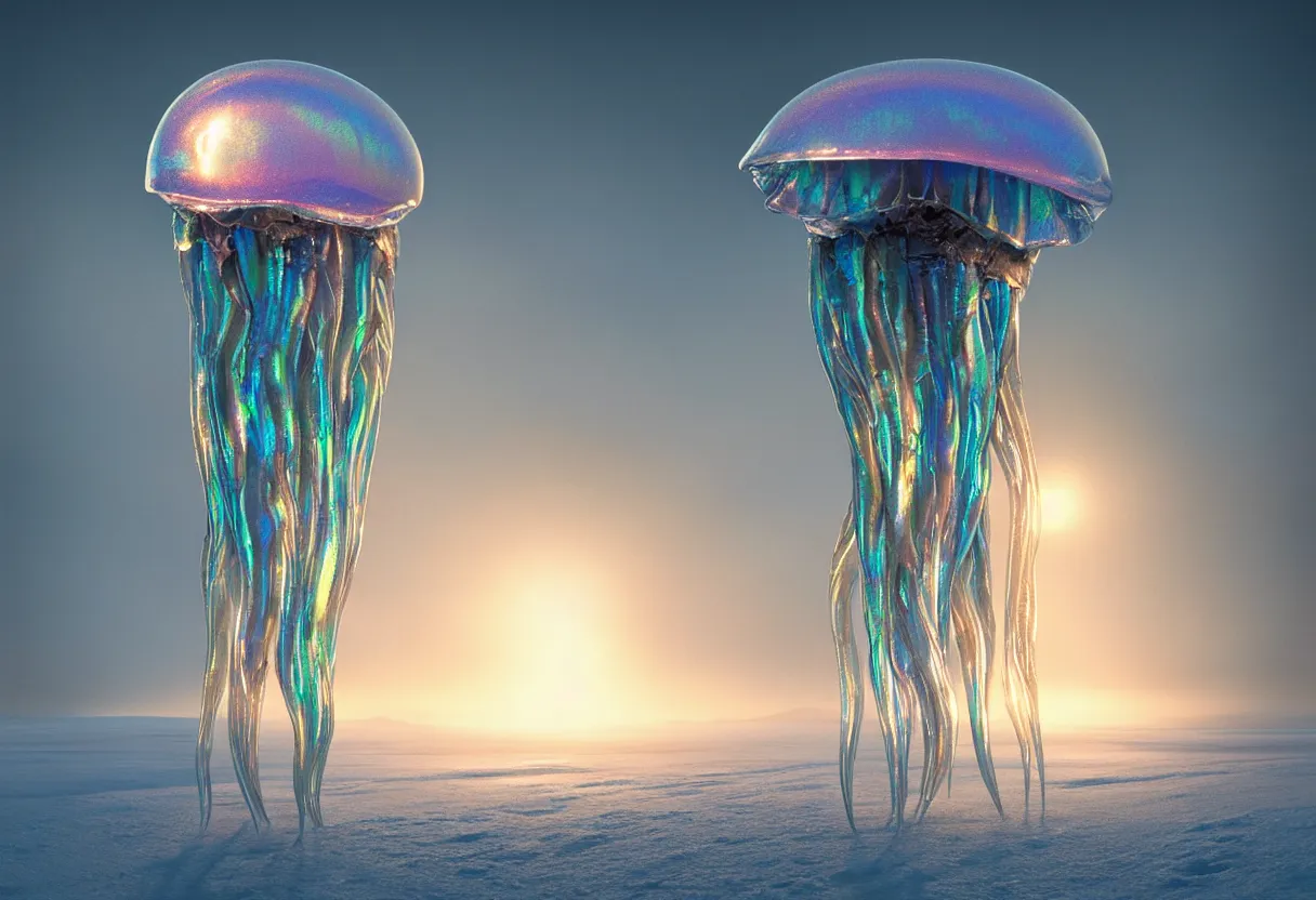 Prompt: strange transparent iridescent alien jellyfish emerging from surface of another frozen winter planet at sunset, ultra high definition, ultra detailed, symmetry, fog, matte painting, by greg rutkowski and ross tran and wlop