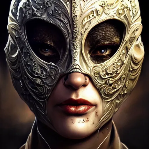 Prompt: Very very very very highly detailed epic photo of full face with scary venetian mask, intricate, dystopian, sci-fi, extremely detailed, digital painting, artstation, concept art, smooth, sharp focus, illustration, intimidating lighting, incredible art by Artgerm and Vincent di Fate and Anton Pieck