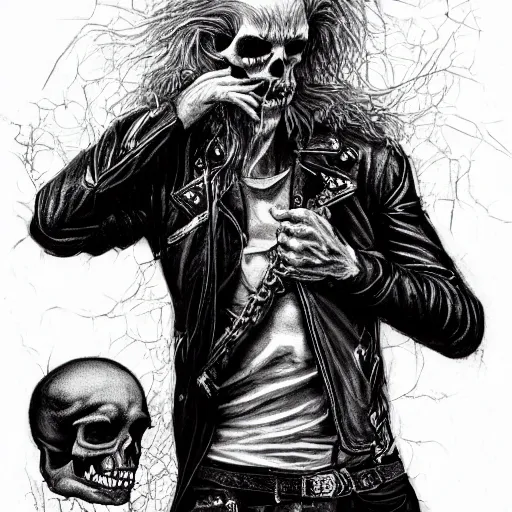 Prompt: portrait painting of a sneering biker with pale skin and shaggy hair, toasting with a skull - shaped goblet, sharp focus, ultra realistic, concept art, intricate details, eerie, highly detailed, photorealistic, dark, black and white, rpg art vampire the masquerade. art by tim bradstreet