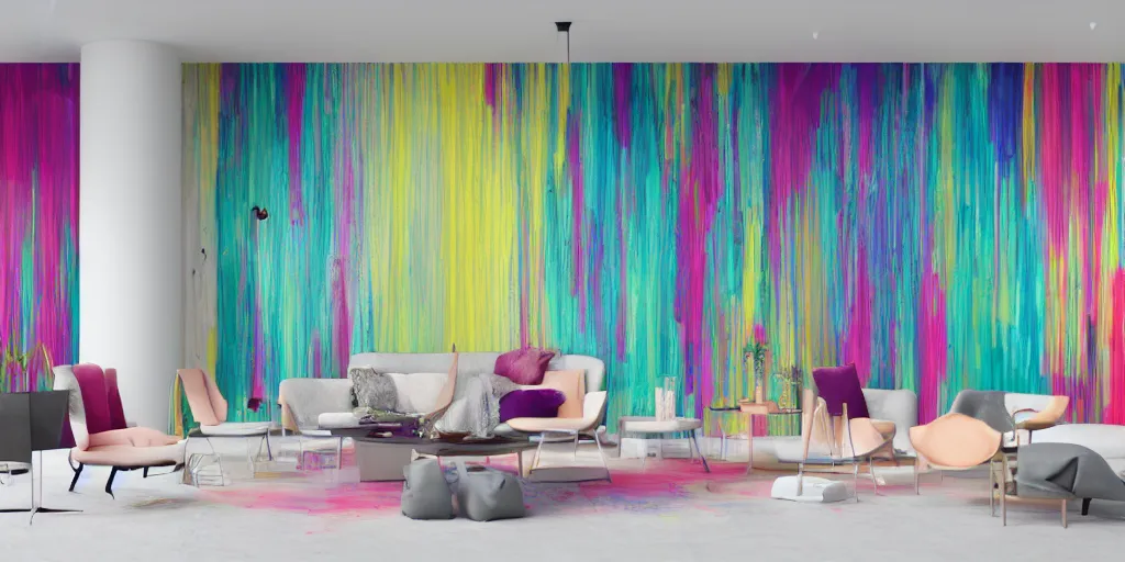 Prompt: a modern indoor room covered with insanel detailed splahing colorfull liquid oilpaint drips and growing wines on the walls, clean architecture, pastel colored, daylight, peaceful, 8 k, octane render