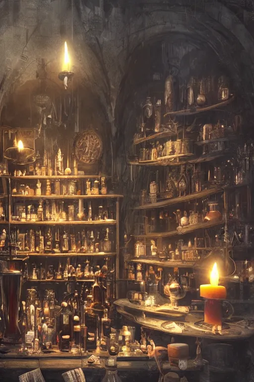 Prompt: a matte painting gothic curiosity shop with bottles of potions and flickering candles on the counter by greg rutkowski