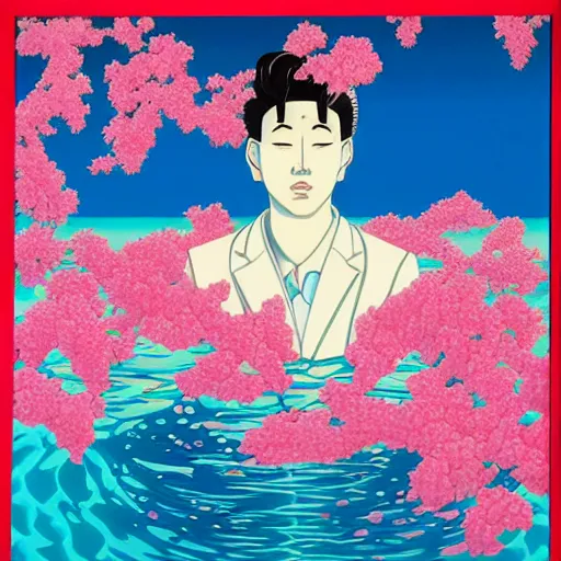 Image similar to Hiroshi Nagai, award winning masterpiece with incredible details, Hiroshi Nagai, a surreal vaporwave vaporwave vaporwave vaporwave vaporwave painting by Hiroshi Nagai of an old pink mannequin head with flowers growing out, sinking underwater, highly detailed Hiroshi Nagai