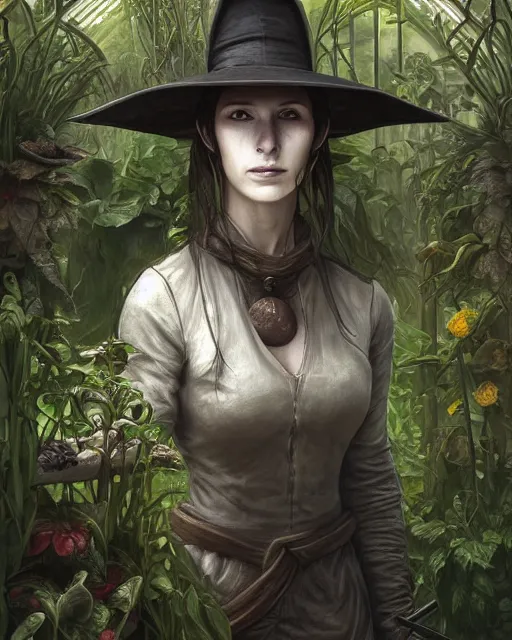 Image similar to portrait of a female plague doctor in a botanical greenhouse, heavy rain outside, wind, thunder, reflections, deep focus, d & d, fantasy, intricate, elegant, highly detailed, digital painting, artstation, concept art, matte, sharp focus, illustration, hearthstone, art by artgerm and greg rutkowski and alphonse mucha