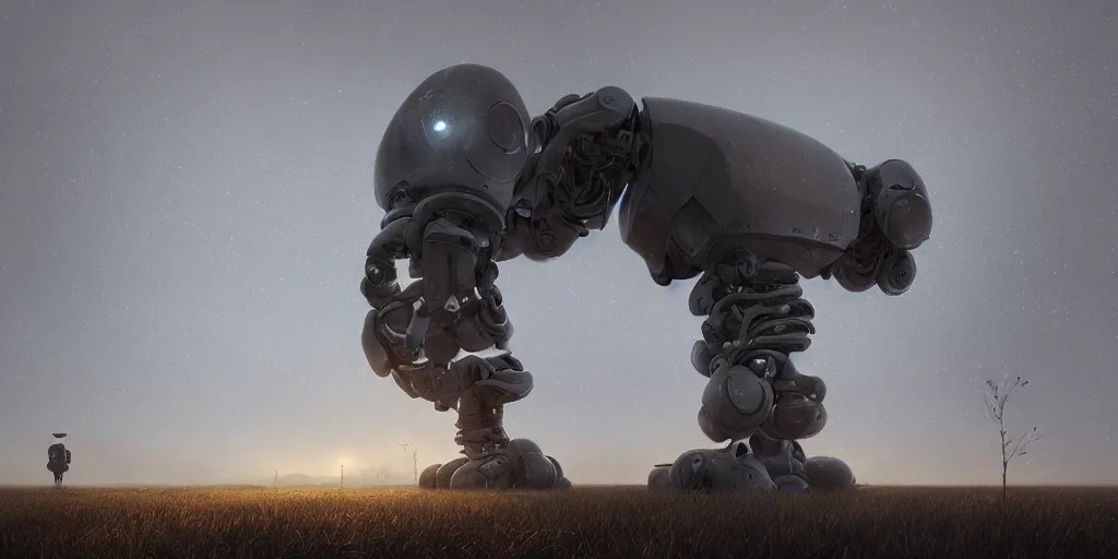 Prompt: a single colossal robot statue in an empty field in the countryside by donato gioncola and michal karcz and simon stalenhag sharp digital painting. dreaming latent space. matte painting, concept art. artstation. digital render.