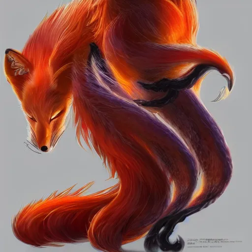 Prompt: A full-length portrait of a beautiful fire fox with nine tails，full of details, concept art, smooth, by Kittichai Rueangchaichan and wlop ，trending on cgsociety and artstation，8kHDR，light effect