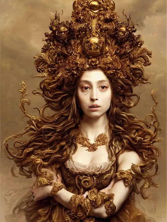 Image similar to a beautiful portrait render of baroque female demon with golden skin and identical eyes, ultra realistic, hdr, dramatic lighting, sculpture, painting, who wearing dramatic headdress, by  Louise Élisabeth Vigée Le Brun  and aaron horkey and Jean-Baptiste Greuzeand and peter gric and Franz Xaver Winterhalter,Artstation,pinterest,jewelry,porcelain,gold, woman demon,pearlescent,maximalist