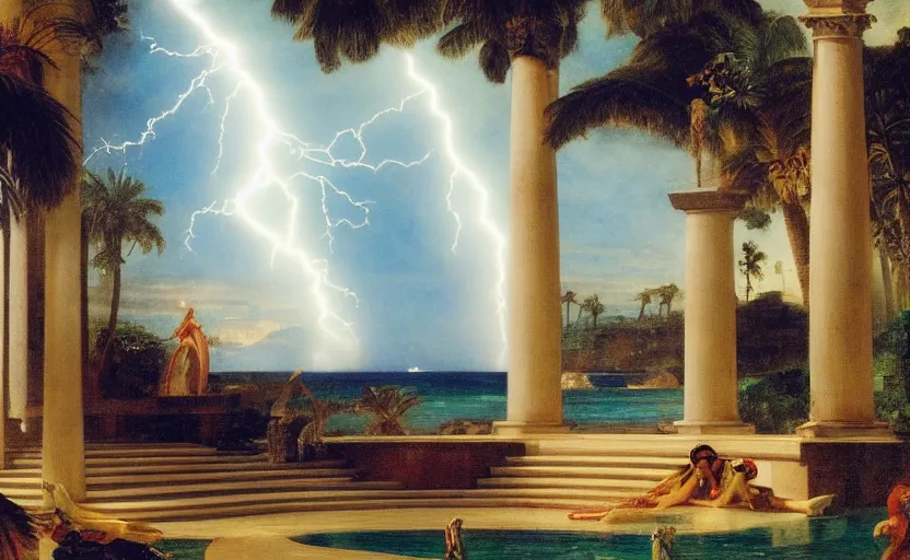 Image similar to mediterranean balustrade and columns, refracted lightnings on the ocean, thunderstorm, fountain, greek pool, beach and Tropical vegetation on the background major arcana sky and occult symbols, by paul delaroche, hyperrealistic 4k uhd, award-winning, very detailed paradise