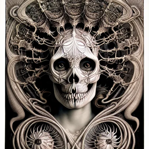 Image similar to detailed realistic beautiful porcelain skull goddess portrait by jean delville, gustave dore, iris van herpen and marco mazzoni, art forms of nature by ernst haeckel, art nouveau, symbolist, visionary, gothic, neo - gothic, pre - raphaelite, fractal lace, intricate alien botanicals, ai biodiversity, surreality, hyperdetailed ultrasharp octane render