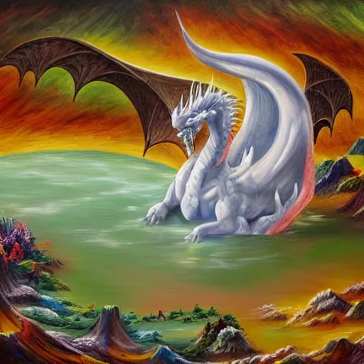 Image similar to highly detailed oil painting of a white dragon sitting in a colorful hotspring within a dark cavern