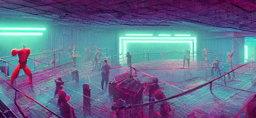 Image similar to handmade illustration of futuristic boxing ring, line art, octane render with volumetric lighting, watercolor by Kilian Eng and by Jake Parker, olympic weight room in bladerunner dystopia future, neon radioactive swamp