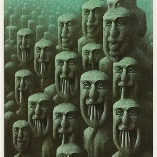 Prompt: poloroid of a highly detailed dystopian surreal painting of eerie grinning head statues and buildings by zdzisław beksinski