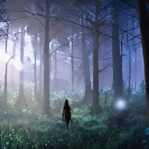 Prompt: a dirty lost person is following a floating blue glowing ball of light through the swampy forest, extremely detailed multiple unique different art styles.