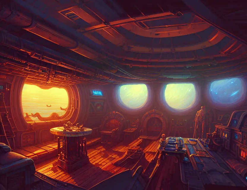 Image similar to interior view in the captain's cabin of a flying ship, d & d spelljammer fantasy art, artstation contest winner, beautiful digital painting in the style of dan mumford, art by kev chan, volumetric lighting, concept art, speedpainting, fantasypunk, deep colors, cgsociety, by gerald brom, by ruan jia, dehazed