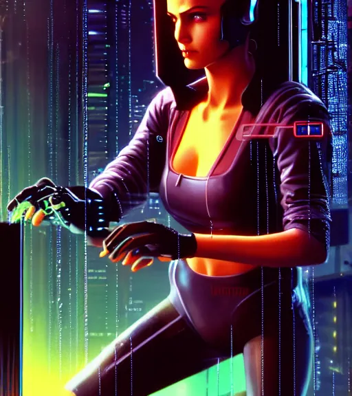 Image similar to cable inserted into head, jacked into cyberdeck wrist terminal, very very beautiful cyberpunk woman, computer, 1 9 7 9 omni magazine cover, style by vincent di fate, cyberpunk 2 0 7 7, very coherent, detailed, 4 k resolution, unreal engine, daz