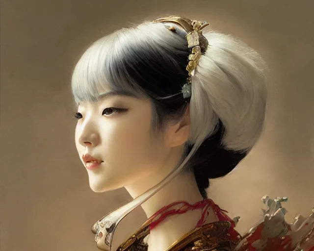 Image similar to a japanese princess young lady, with white hair and bangs!!!! beauty. highly detailed painting by gaston bussiere, craig mullins, j. c. leyendecker 8 k