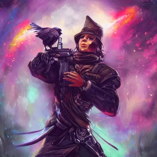 Image similar to a man shooting a pistol, but instead of a bullet the gun shoots a raven. colorful, bright, fantasy, artgerm, dnd, fantasy, rpg