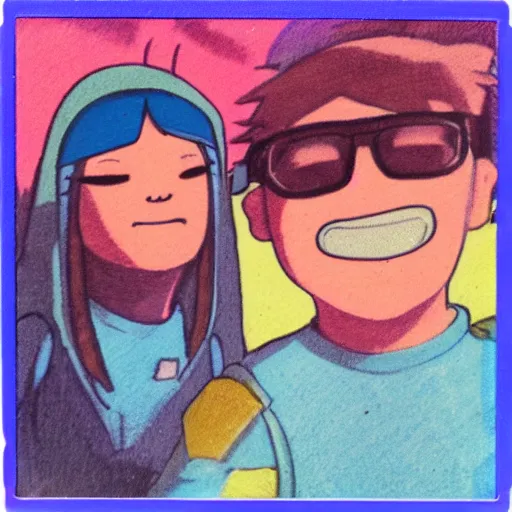 Image similar to Finn and Jake from Adventure Time selfie, polaroid