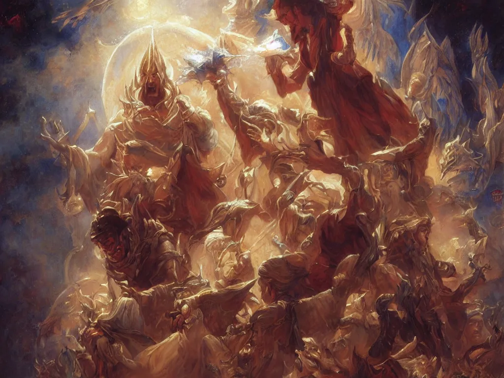 Image similar to attractive male deity, casts dark spell to summon attractive lucifer morningstar. highly detailed painting by gaston bussiere, craig mullins, j. c. leyendecker 8 k