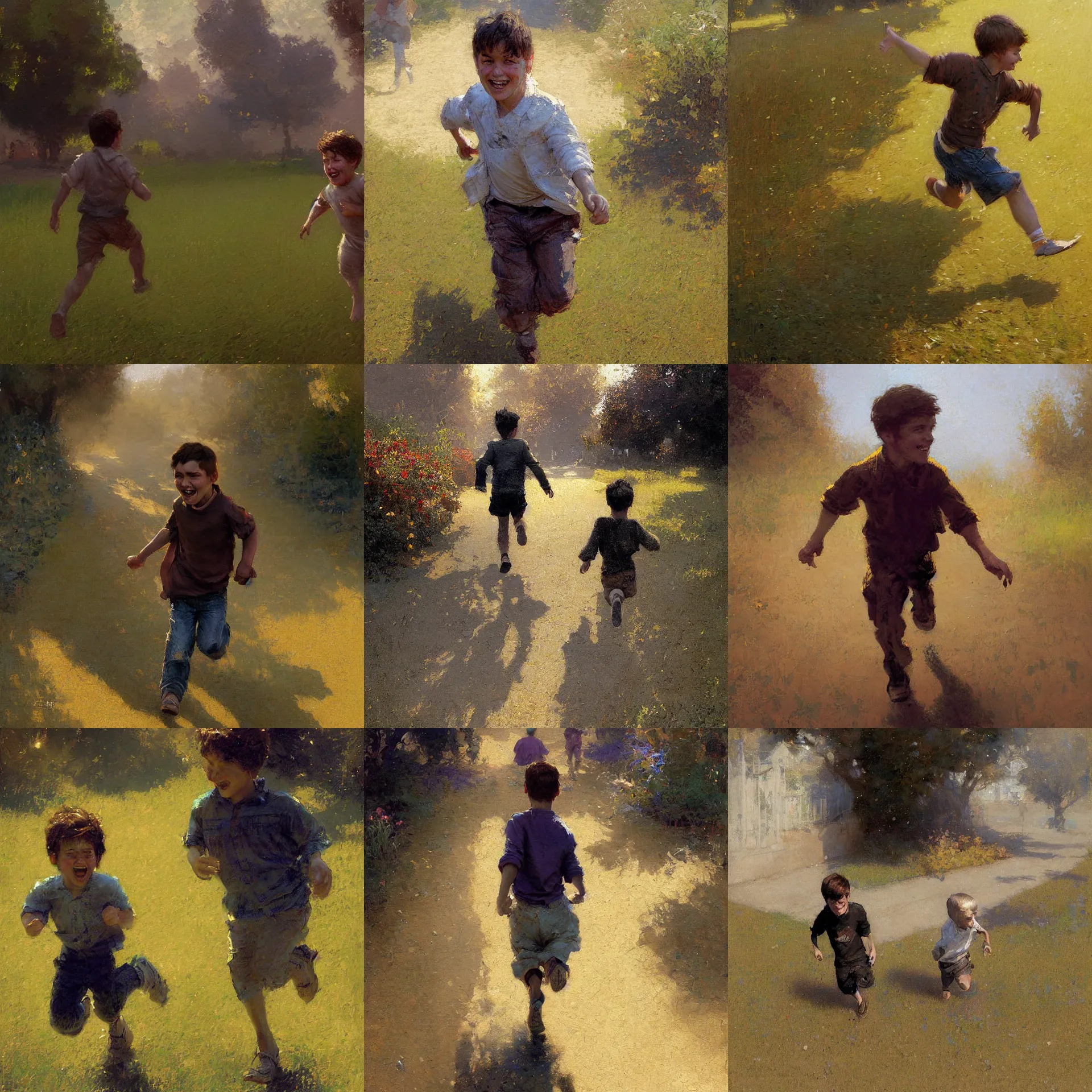 Prompt: digital art painting of a young happy boy running in the front yard painted by craig mullins and gaston bussiere and greg rutkowski, symmetrical face, defined facial features, symmetrical facial features, dramatic lighting