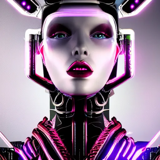 Image similar to evil cyberpunk queen inspired avant-garde art, deco fashion, highly detailed, photorealistic portrait, bright studio setting, studio lighting, crisp quality and light reflections, unreal engine 5 quality render