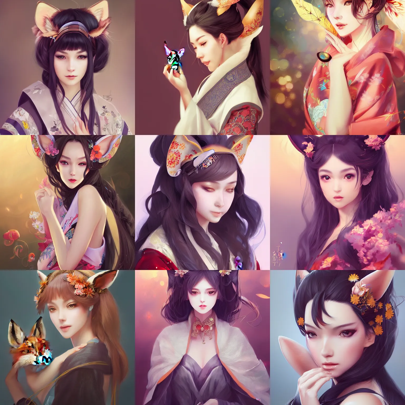 Prompt: A beautiful digital concept portrait of a beautiful woman with fox ears wearing a kimono, by Stanley Artgerm Lau, WLOP, Rossdraws, LeraPi, and Sakimichan, trending on ArtStation, deviantart, SFW version