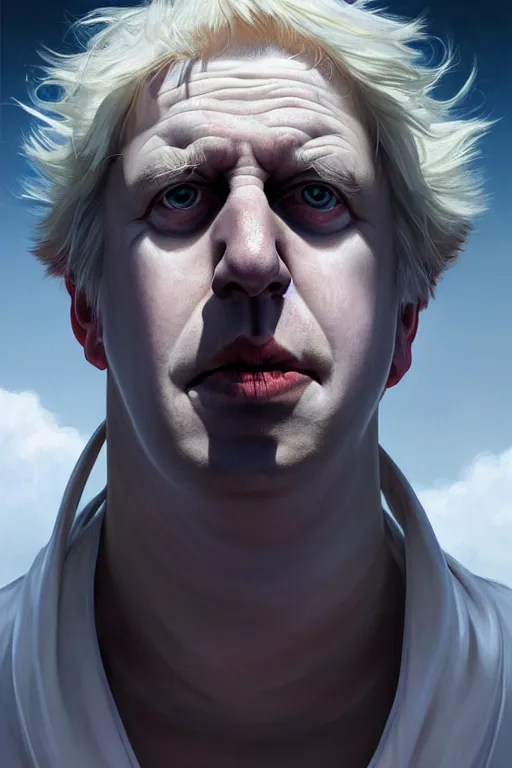 Image similar to Boris Johnson as Rick Sanchez, one eyebrow, white robe, big eyes, 2d portrait, symmetrical, highly detailed, digital painting, artstation, concept art, smooth, sharp focus, illustration, cinematic lighting, art by artgerm and greg rutkowski and alphonse mucha